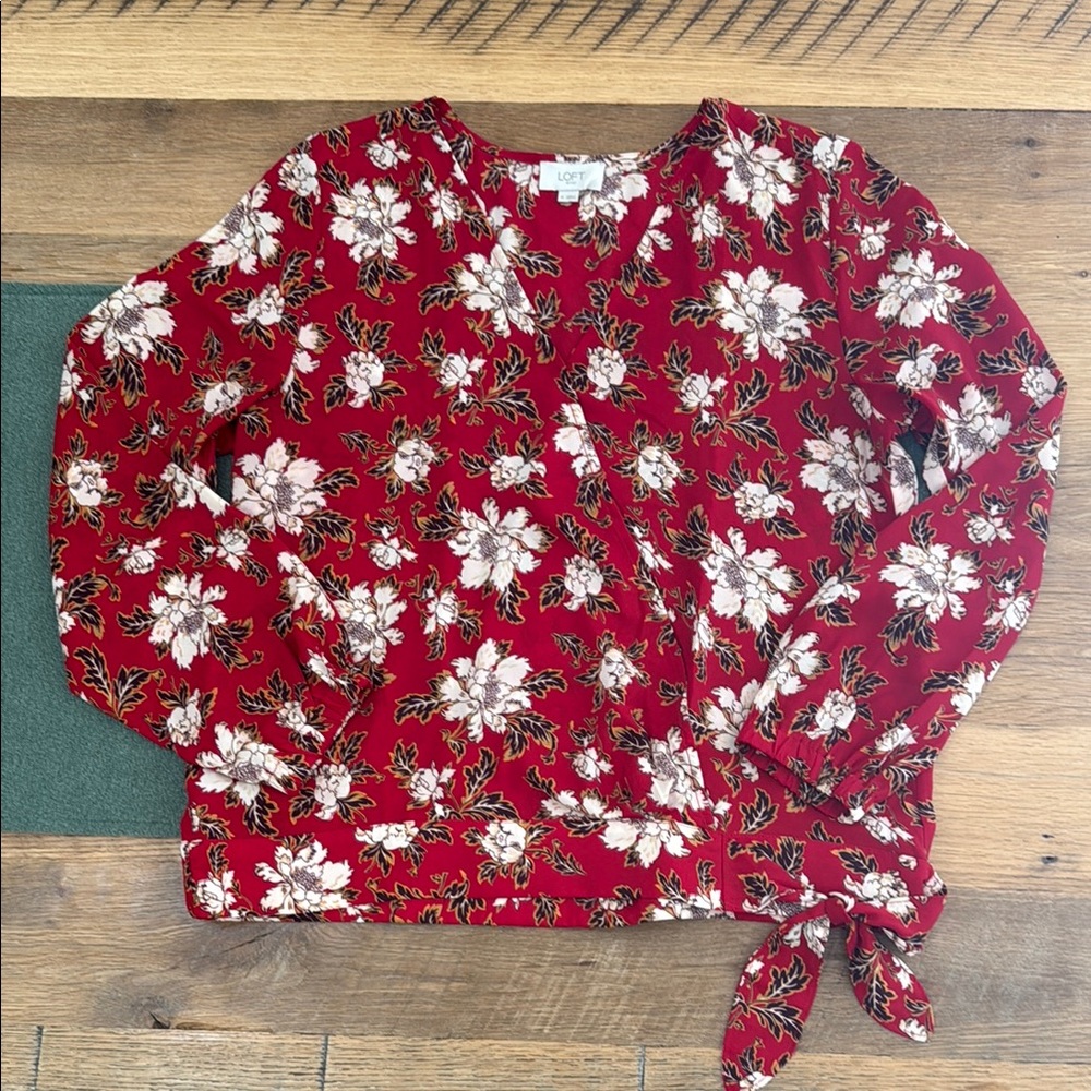 LOFT Red Floral Faux Wrap Top